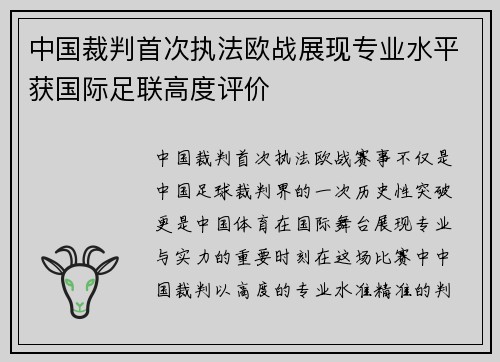 中国裁判首次执法欧战展现专业水平获国际足联高度评价 中国裁判首次执法欧战展现专业水平获国际足联高度评价